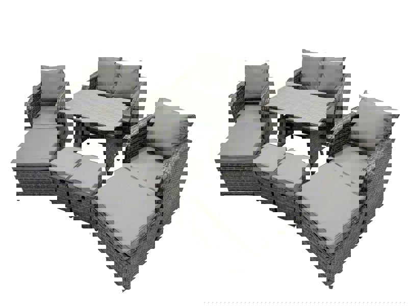 Fimous 8 Seater Garden Outdoor Rattan Furniture Set Rattan Sofa Oblong Dining Table with 2 Big Stools Dark Grey