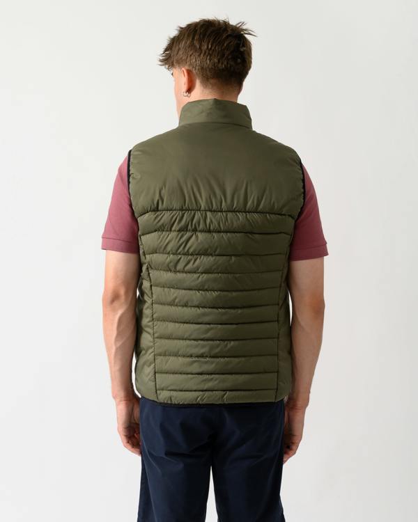 back shot of a model wearing a BOSS Green Urbanex Mens Gilet in Open Green 398