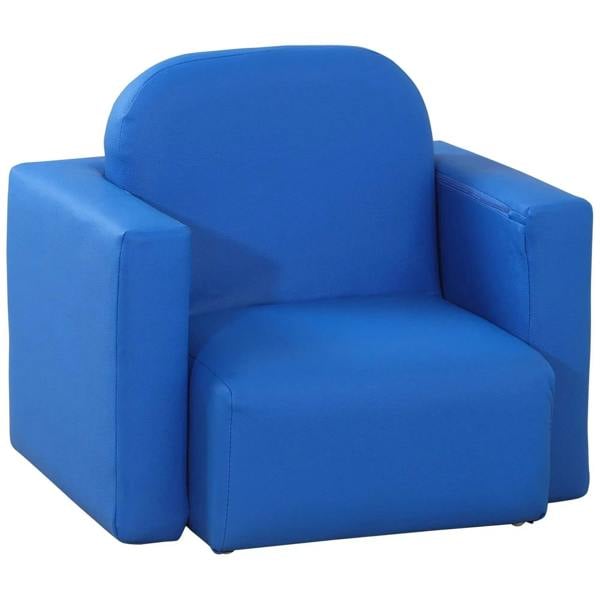 Blue toddler sofa chair with rounded back and padded armrests