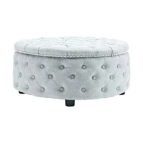 Dia 75cm Linen Tufted Round Cocktail Ottoman with Solid Wood Footstools Living and Home