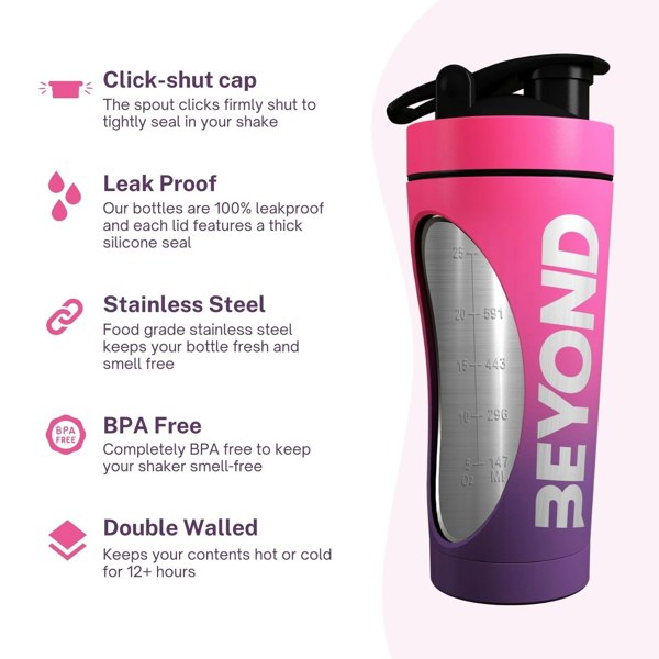 Beyond Shakers 1 Litre Stainless Steel Protein Shaker Bottle - Pink & Purple