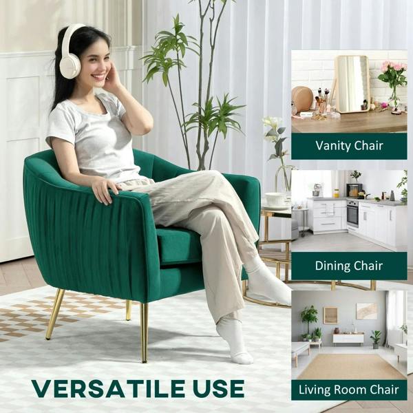 Green velvet-feel accent chair with tufted back and gold legs in a home setting