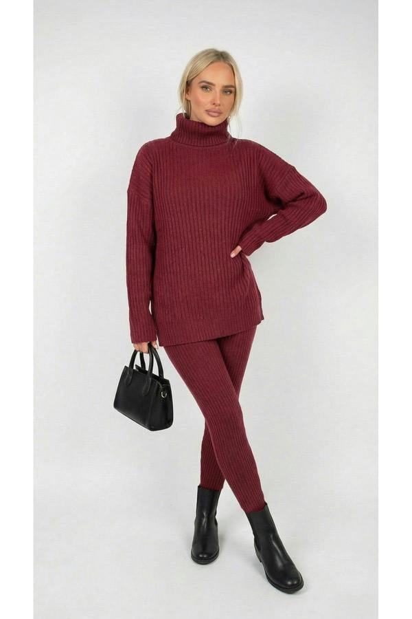 ikrush Mila Chunky Knitted High Roll Neck Top Bottom Co-ord Set