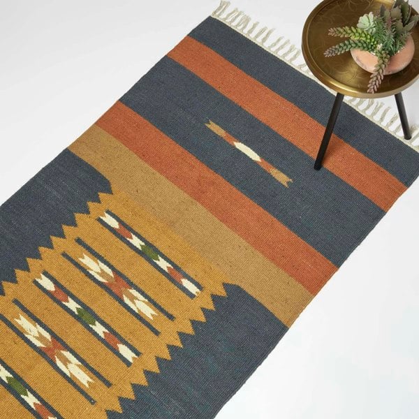HOMESCAPES Lundi Orange & Blue Kilim Cotton & Jute Rug