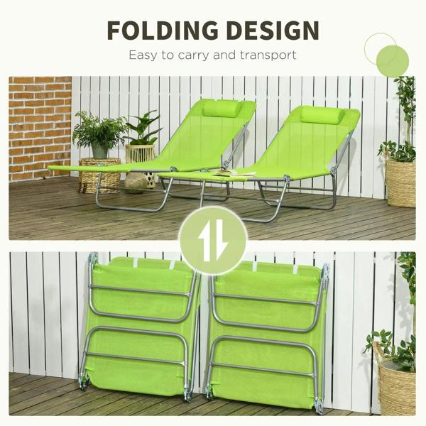 Folding set of two green reclining sun loungers with padded headrests and steel frames