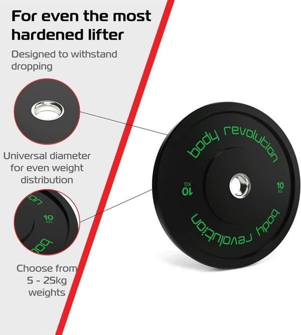 Black Olympic bumper plate with green lettering, designed for durability, featuring a universal diameter for weight distribution and a 10kg weight