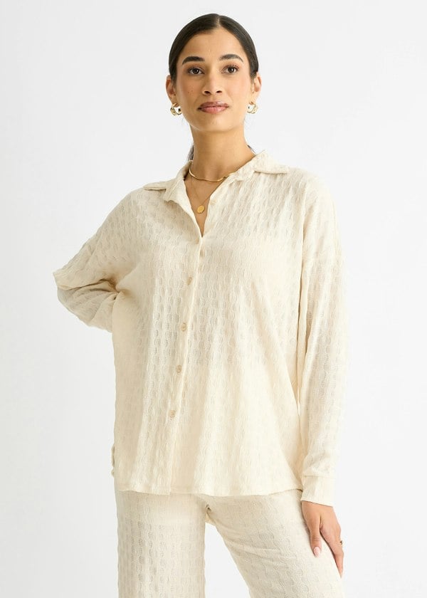 Gini London Beige Textured Oversized Long Sleeves Shirt