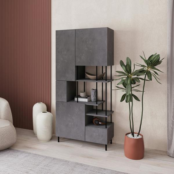 Decortie Modern Key Bookcase 5-Doors Storage Cabinet and Minimal Open Shelves Display Unit Metal Legs 84(W)x175(H)cm