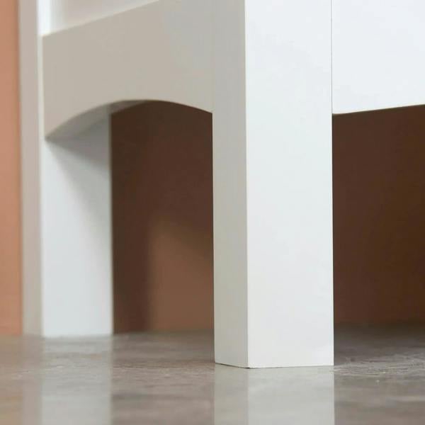 White cabinet side and door edge detail with open corner gap