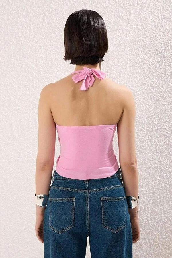 WOVCOR Wrap Collar Accessory Detail Knitted Blouse
