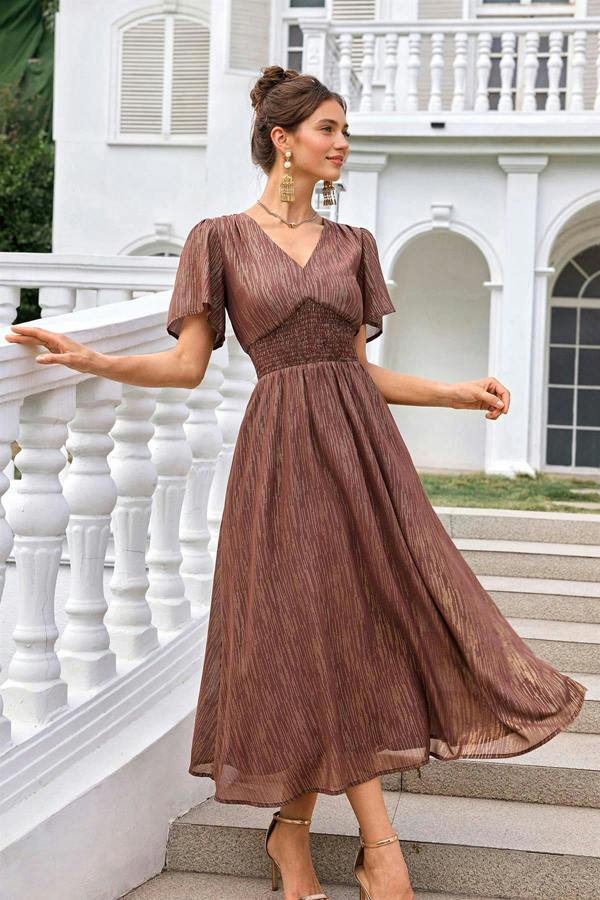 FS Collection Angel Sleeve Gold Stripe Foil Midi Dress In Brown
