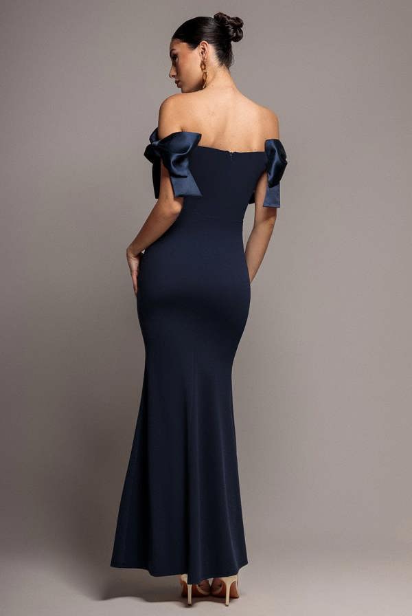 Satin Bow Bardot Sheath Maxi Dress - Navy Blue DR4999