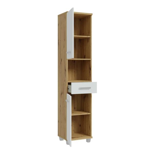 Furniture To Go Veris Tall Narrow Bathroom Cupboard with 2 Doors & 1 Drawer in Artisan Oak andLight Grey