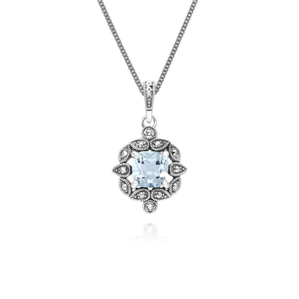 Gemondo Art Deco Style Cushion Blue Topaz & Marcasite Pendant Necklace in Sterling Silver