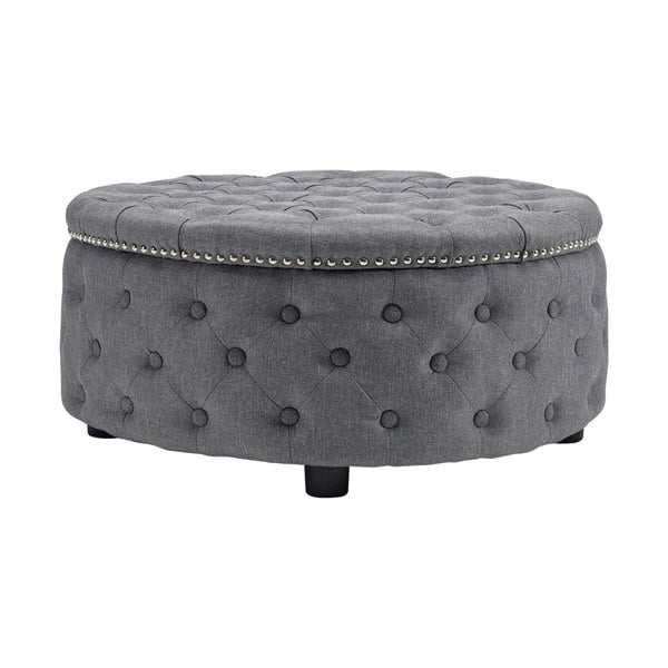 Dia 75cm Linen Tufted Round Cocktail Ottoman with Solid Wood Footstools Living and Home
