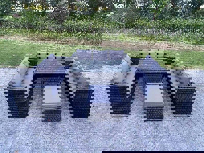 Fimous Outdoor Wicker Garden Furniture Rattan Lounge Sofa Set Patio Rectangular Dining Table with Big Footstool 10 Seater Dark Grey Mixed