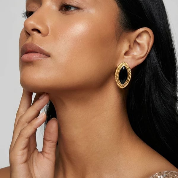 MUCHV Oval Marquise Stud Earrings With Black Stone