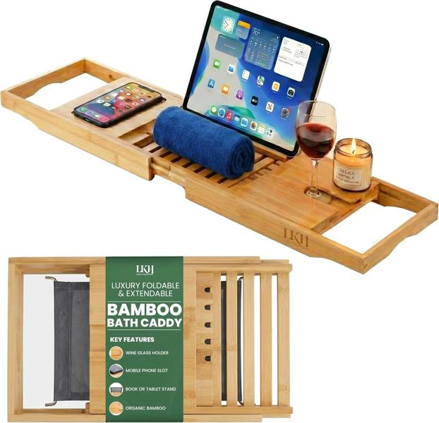 LKH HOME COLLECTION LKH Expandable Bamboo Bath Tray Caddy - Bathtub Rack with Wine Glass Holder, Mobile, Tablet & Book Stand - Retractable & Foldable