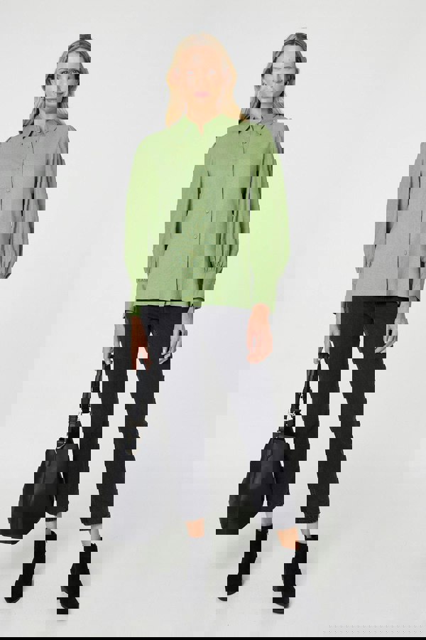 Sage | Plain Puff Sleeve Button-Up Shirt
