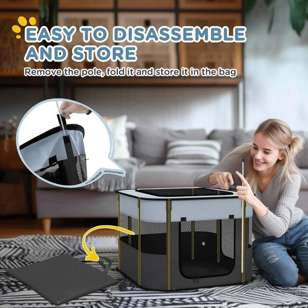 Foldable dog pen set for storage, with ground stakes and carry bag, grey and black