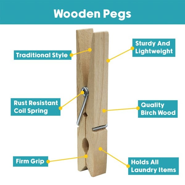 JVL Plastic Peg Basket, Grey with 102 Birch Wood Pegs, Brown