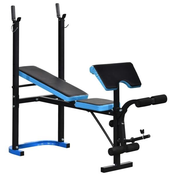 Adjustable weight bench with black frame and blue-edged padded seat and backrest