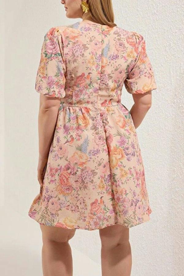 WOVCOR V-Neck Balloon Sleeve Woven Plus Size Dress