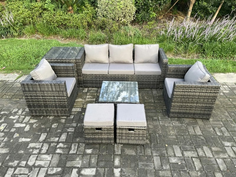 Fimous Wicker 7 Pieces Rattan Garden Furniture Sofa Set with Armchair Side Table Square Coffee Table 2 Small Footstools Dark Grey Mixed