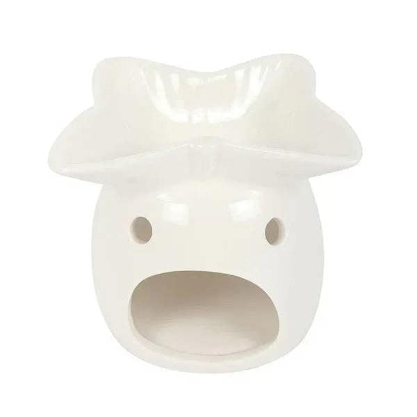 White butterfly oil burner with face openings and curled top wings