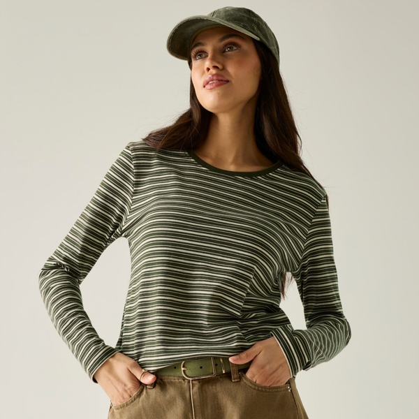 Regatta Womens Federica Stripe Long-Sleeved T-Shirt - Dark Khaki/Light Vanilla