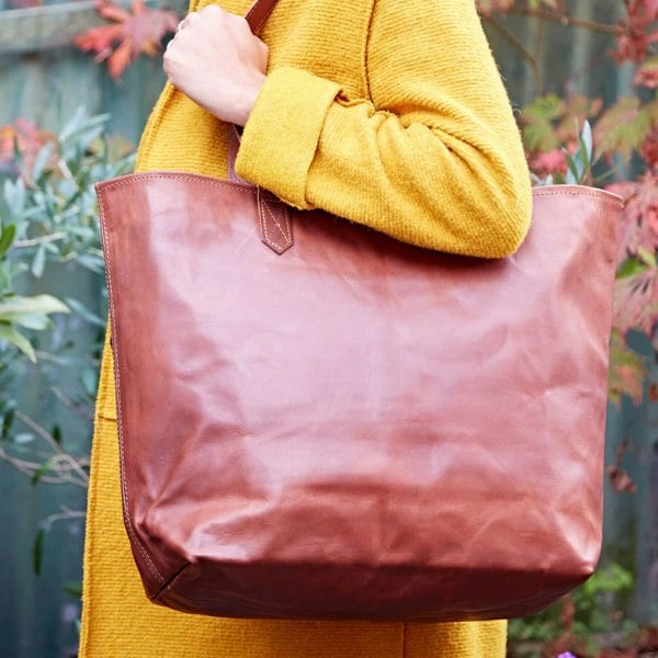 Paper High Brown Leather Tote Shopping Bag