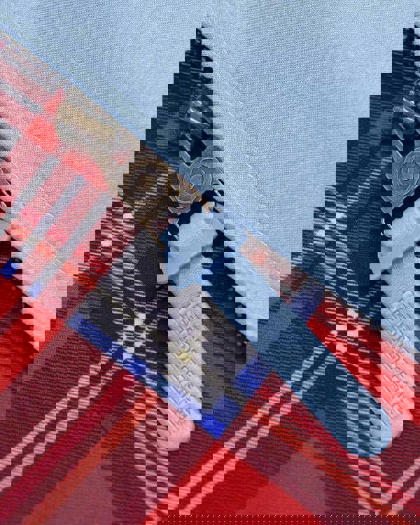 Lambretta Mens ShowerProof Classic Harrington MOD Scooter Jacket Coat, close-up of the light blue waterproof jacket fabric and zipper with Lambretta branded pull tab.