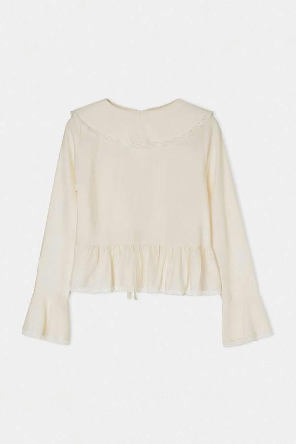 WOVCOR V Neck Long Sleeve Tie Front Lace Detail Blouse