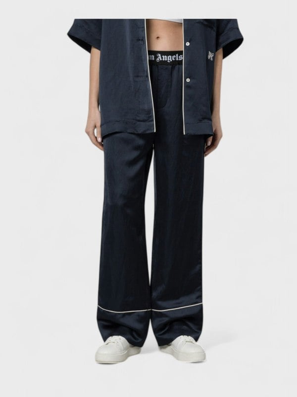 Palm Angels Satin Pajama Bottoms Navy Blue - Womens