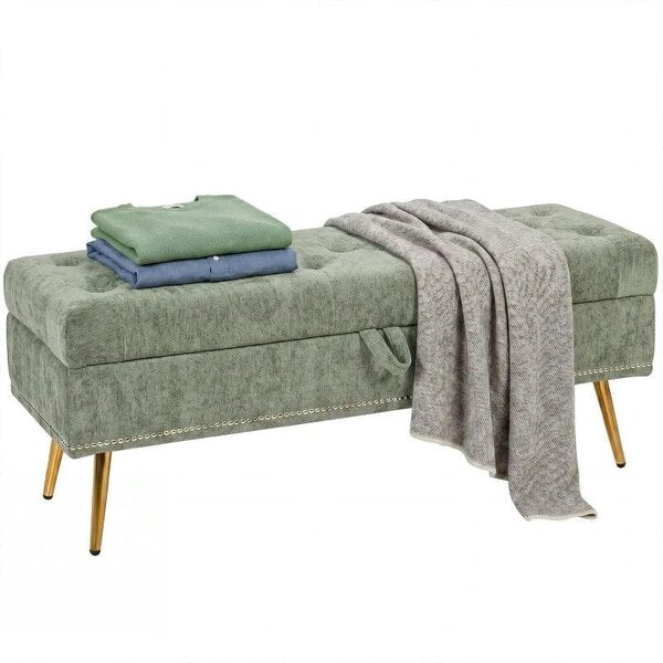 Storage Ottoman, Chenille Upholstered Ottoman Storage Box with Padded Seat, Metal Legs, 114 x 41 x 45 cm, Light Green