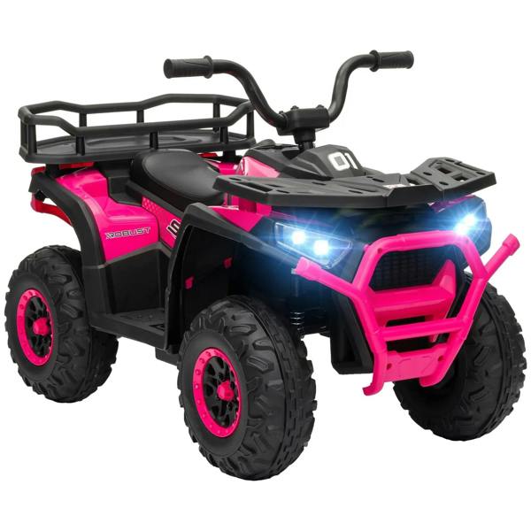 Pink and black kids electric ATV with front rack and bright LED headlights