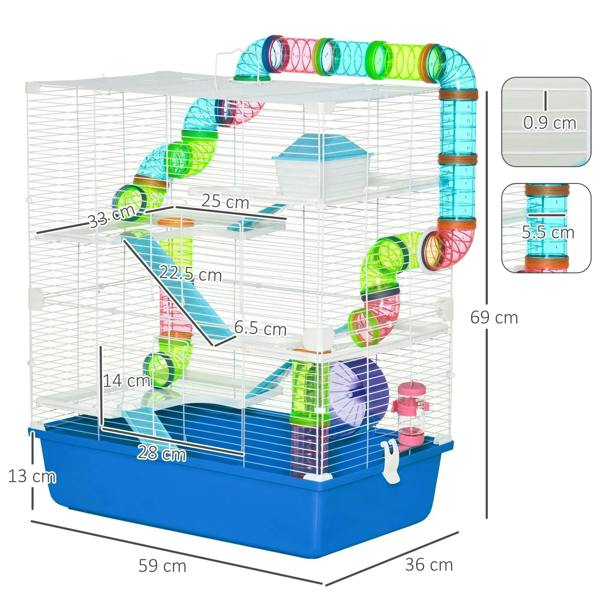 Blue 5-tier hamster cage with tubes, ramps, water bottle, and exercise wheel
