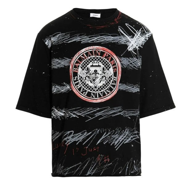 BALMAIN YU1EG035GB82 Balmain Paris Graffiti Coin Logo Black T-Shirt EBE BLACK T-SHIRT MALE S