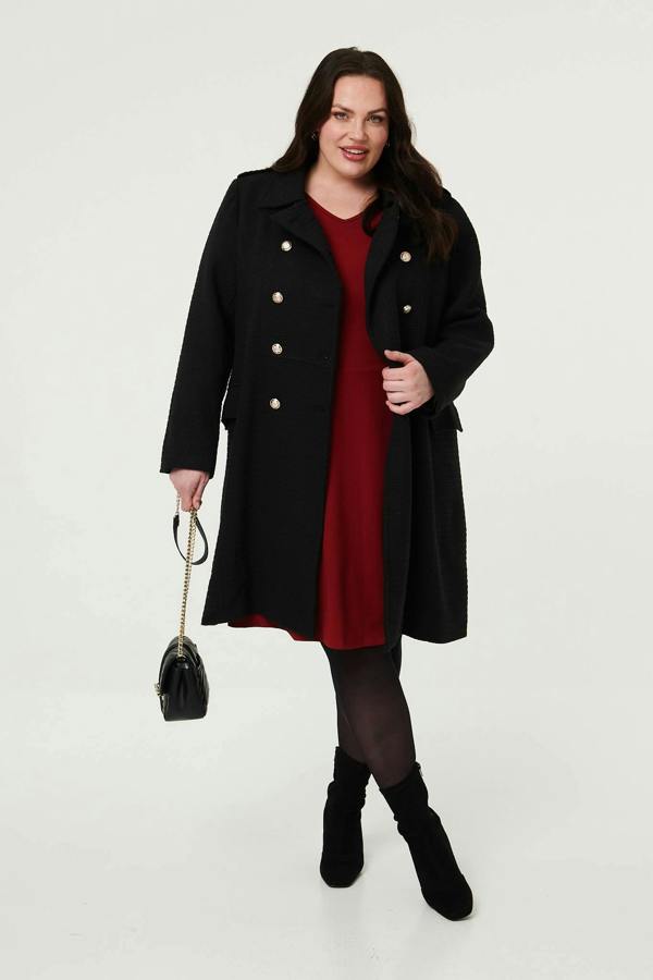 Black | Curve Textured Knit Button Front Trench Coat