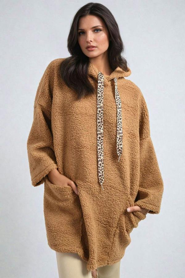Melissa Drawstring Teddie Hoodie Jacket With Front Pockets - Camel