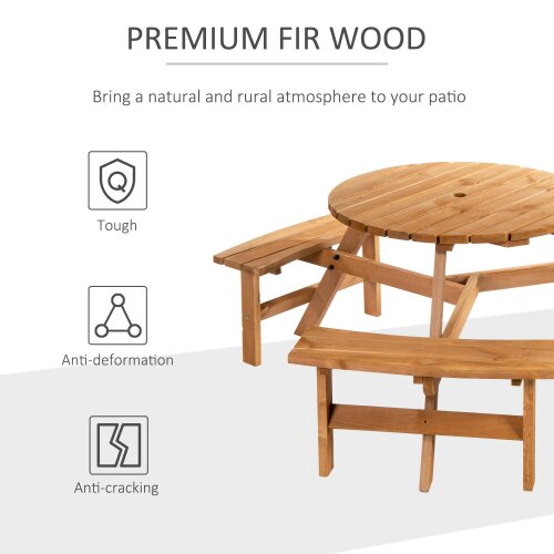 Wyld Haus Bare Wood Brown Red 6 Seater Round Picnic Table With 3 Benches And Parasol Hole
