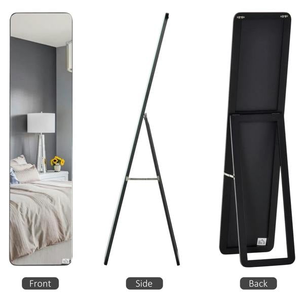 Black full-length mirror shown from front, side, and back with frame