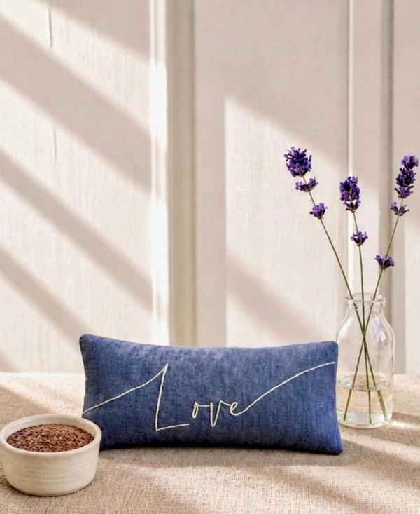 Love Embroidered Linen and Lavender Eye Pillow - Blue - Lavender