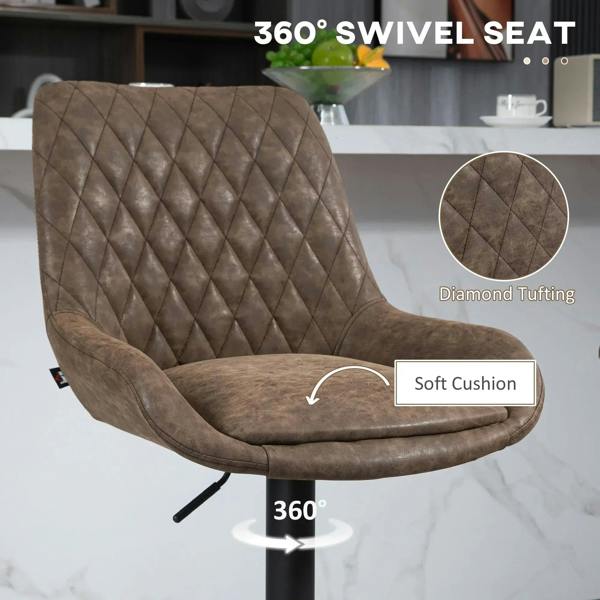 Brown faux leather diamond-tufted swivel bar stool with soft cushioned seat