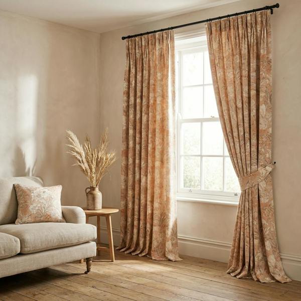 Marseille made-to-measure curtains in Honeysuckle, styled in a living room
