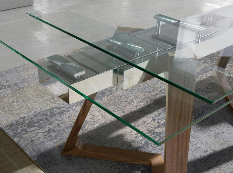 Angel Cerdá Rectangular tempered glass and walnut extending dining table 1115
