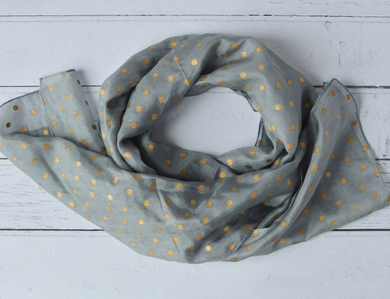 Antonia York Tiffany | Silk Neck Scarf - Grey & Gold Foil Polka Dot