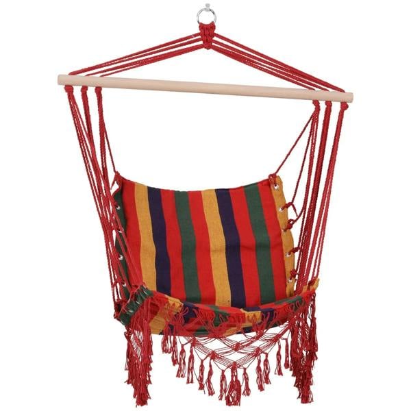 Multicolor striped hammock chair swing with red ropes, fringed seat, and wooden spread bar