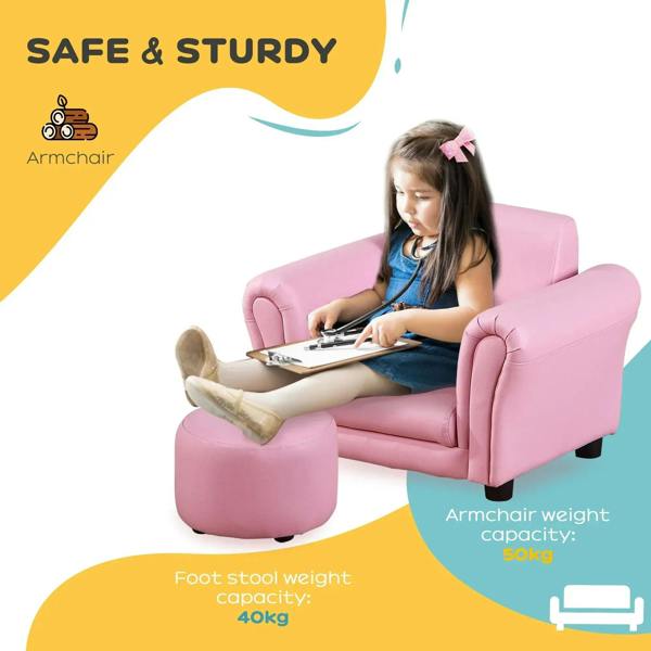 Pink kids sofa armchair and round footstool; child writing on clipboard.