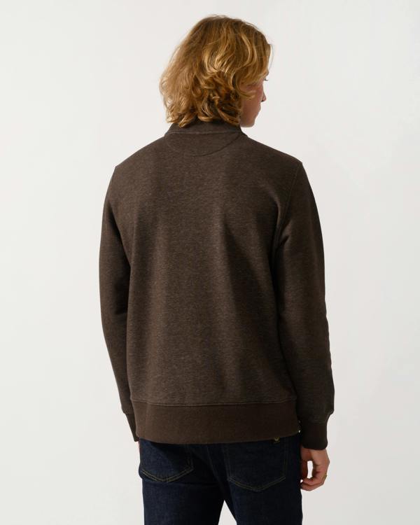 back of a model wearing a GANT Mens Regular Fit Shield Logo Half Zip Sweatshirt in 284 Black Brown Melange